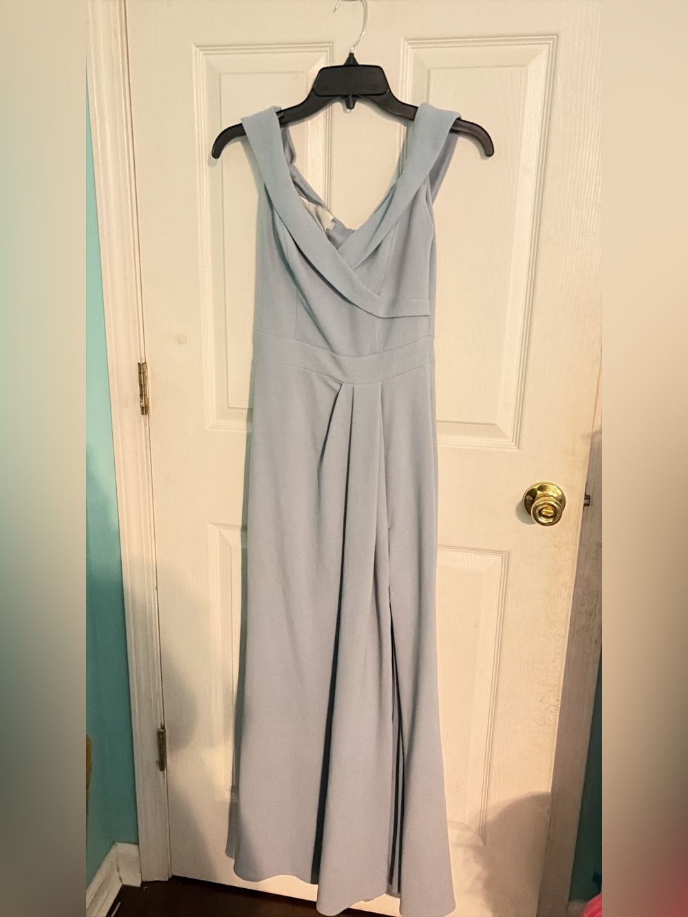 David's Bridal Dusty Blue Maxi Dress with V-Detail